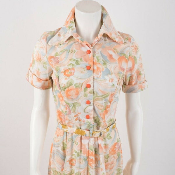 Vintage ILGWU Women's 60s 70s Secretary Flare Day Dress XS Floral Pastel Union Made