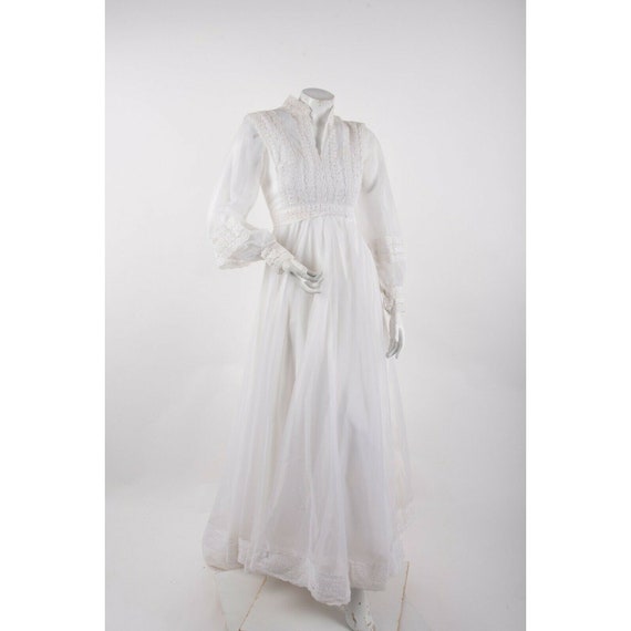 Vintage 60s 70s Wedding Gown Dress & Veil Lace Ro… - image 1