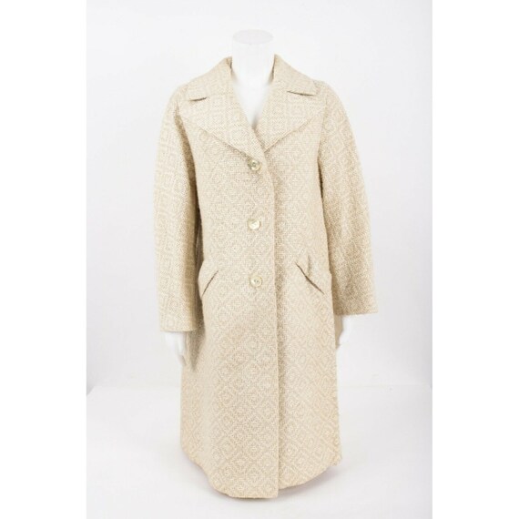 Vintage 60s 70s Womens Beige Tweed Coat Mid Length Size L ILGWU 