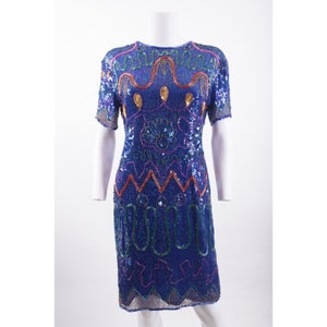 Vintage Jon Charles Womans Sequin Dress Size P Blue Silk Evening Cocktail Glam 1980s 80s