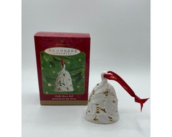 Hallmark Christmas Ornament 2000 Holly Berry Bell Porcellana Oro Bianco Nuovo