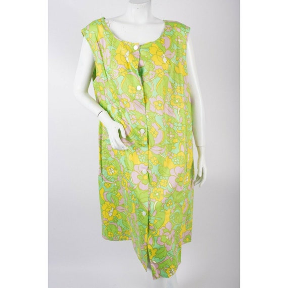 Vintage 70s Womens Dress HouseCoat Green Flower Ha