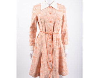 Vintage Womans Shirt Dress M textured Orange White Pointed Collar Kick Pleats