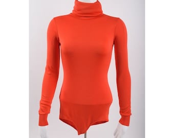 Vinatge 70s Anne Klein Womens Bodysuit Leotard Red Sz M Turtleneck Long sleeved