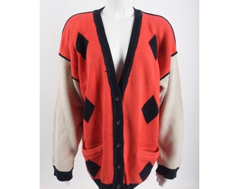 Vintage Esprit Womens Cardigan Sweater Geometric 80s Oversized M Red Black NWOT
