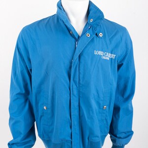 Vintage Lord Calvert Canadian Whiskey Mens Bomber Jacket Large Blue Zip Up Korea