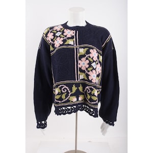 Vintage 90s Generra Womens Sweater Floral Mock Neck M Navy Blue Pink Crochet