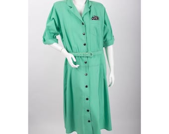 1980s Vintage Shirt Dress Secretary Belted Green Collared Button Front Sz 15 Large