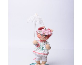 Annalee Doll Cloth 11" Easter Parade Girl Bunny Rabbit Flower Dress & Parasol Umbrella 1989
