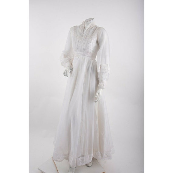 Vintage 60s 70s Wedding Gown Dress & Veil Lace Ro… - image 2