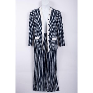 1970s Vintage 2 Piece Pant Set Polka Dot Women&#39;s sz 13 Polyester Blue Bell bottoms Cardigan Top