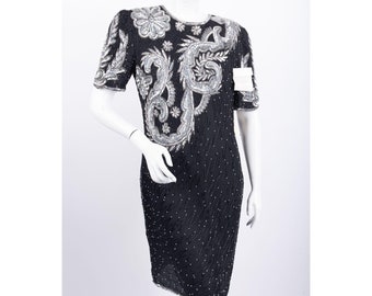 NWT Laurence Kazar Vintage Sequined Silk Dress Women's Large Black Silver