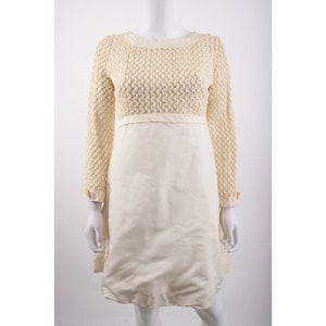 Vintage 1960s Womens Party Dress Beige ecru Popcorn Ribbon Weave Bodice XS S