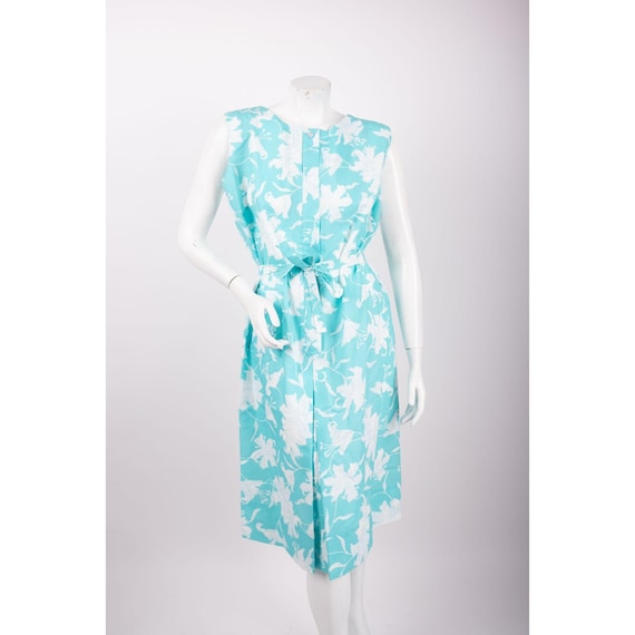 1960s Vintage Belted Floral Dress Shift Blue Mid-… - image 1
