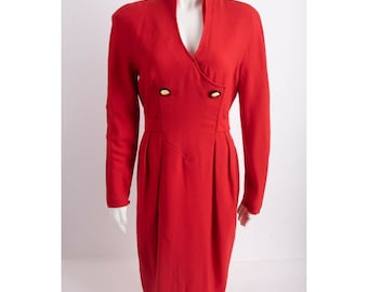 Vintage 90s Guy Laroche Womens Wool Dress Sheath M Red Belted Long Sleeve