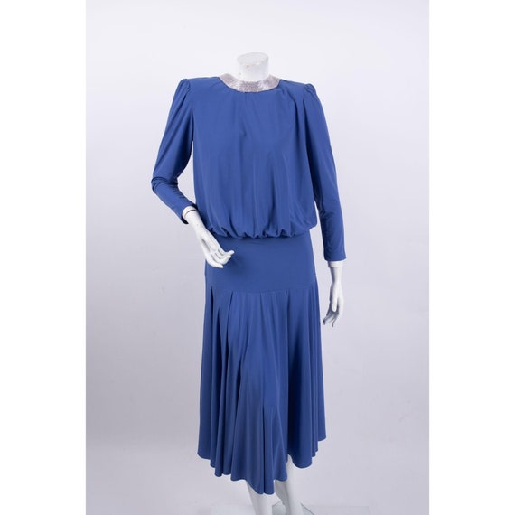 Ricky Lang for Nuit Vintage Drop Waist Pleated Dress Women's Medium Purple Long Sleeve