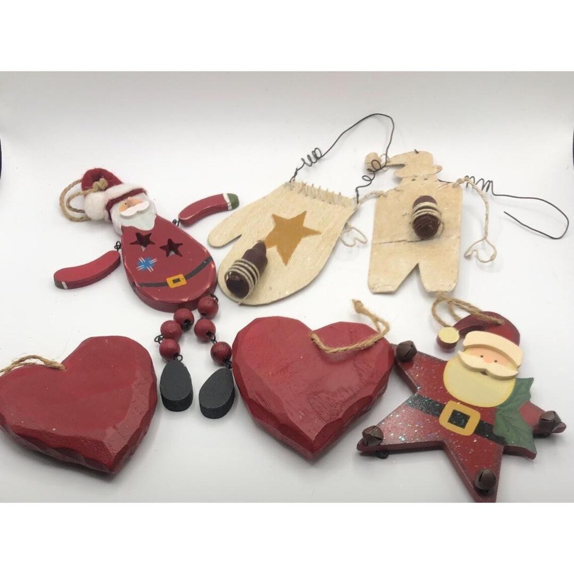 Lot 6 Christmas Tree Ornaments Country Rustic Santa Hearts Red Etsy UK
