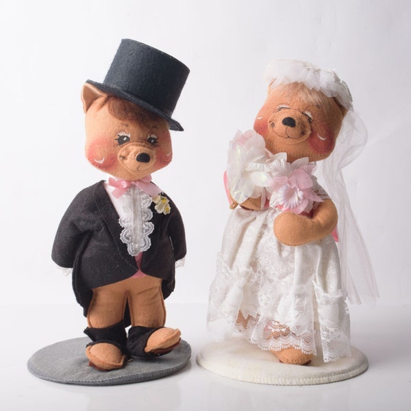Annalee Doll Cloth Bride & Groom Bears 1991 Wedding Plush 12"