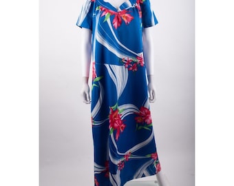 Vintage Hilo Hattie's Womans Maxi Dress XL Kaftan Caftan Blue Pink Floral Mumu