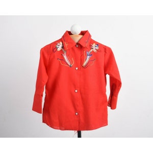 Vintage Sears Kids Western Shirt Blouse Pearl Snap Embroidered 4 Red Long Sleeve