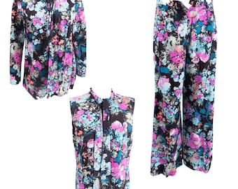 1970s Vintage Julie Miller 3 Piece Pant Set Floral Psychedelic Print Small