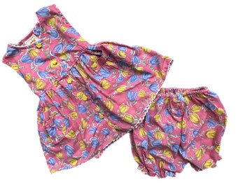 Vintage pink floral baby dress Easter girl 6-9 months summer 1990s pants knickers bloomers