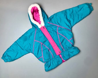 Vintage bright winter coat girl 4-5 years pink turquoise hooded 1990s thick padded