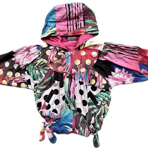 Vintage girls bright colour block windbreaker 1990s 3t 3-4 years waterproof jacket hooded lightweight floral black