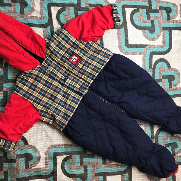 Vintage plaid colour block baby Snowsuit 3-6 months boy 1990s retro teddy bear