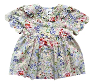 Pastel floral summer dress collar baby girl 12-18 months 1980s vintage