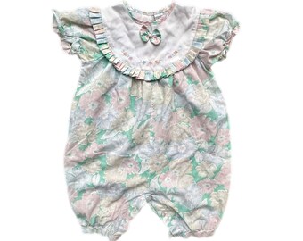 Vintage 90s floral playsuit 12-18 months embroidered pink romper summer pastel