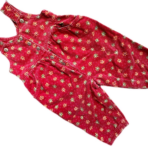 Vintage Girls overalls 9-12 months red floral cord retro dungarees 1990s