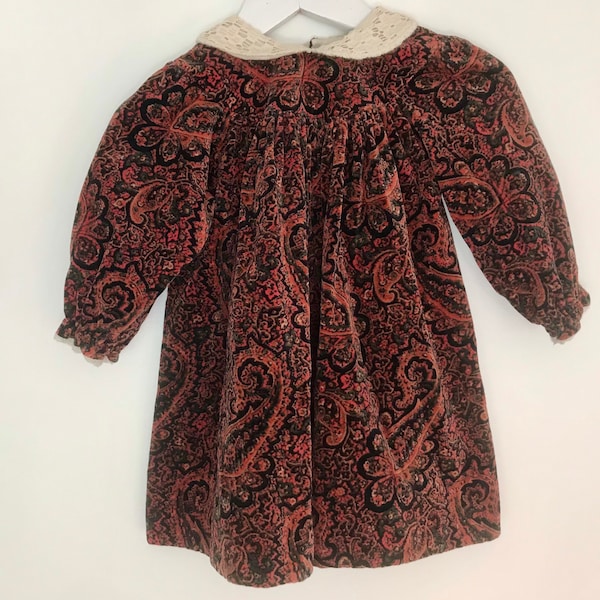 Vintage paisley velvet baby girl dress 12-18 month 1980s lace collar brown autumn fall Spanish Sarah Louise