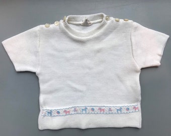 Vintage 1980s baby girl sweater knit jumper 6-9 months 9-12 retro white pink short sleeved