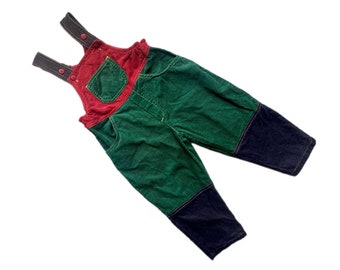 Vintage 90s cord overalls 18-24 months boy colour block corduroy dungarees 1990s unisex green red