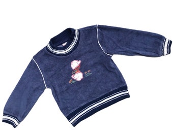 Navy blue vintage 1970s baby velour sweatshirt sweater jumper girl boy 9-12 months 12-18 retro