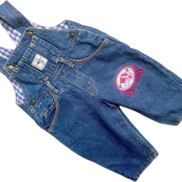 Denim dungarees Baby boy girl retro vintage overalls 3-6 months 1980s bright unisex cat dog