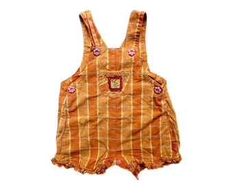 Vintage plaid shortalls overalls baby girl 6-12 months summer dungarees 1990s orange retro