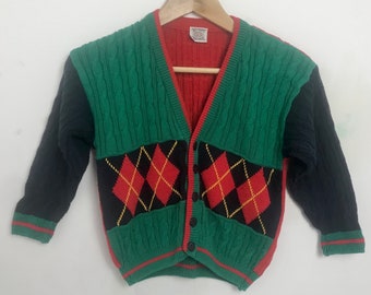 Vintage 1990s boys cardigan geometric  kids jumper sweater 5-6 years retro blue red green