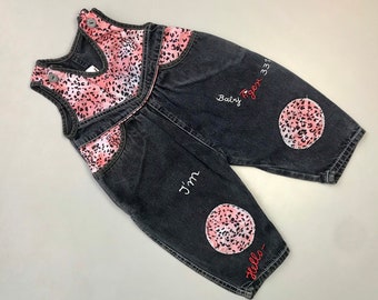 Vintage black denim dungarees girl 3-6 months 1990s overalls baby embroidered pink leopard print