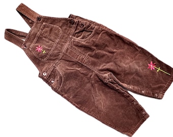 Vintage Girls overalls 18-24 months brown velvet retro dungarees 1990s embroidered