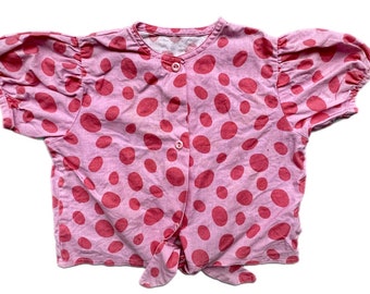 Cropped top shirt tie front girl 3t 3-4 years vintage pink polka dots