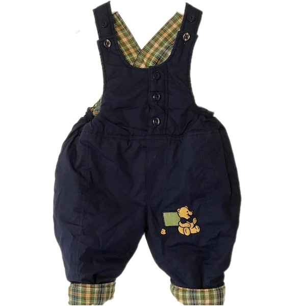 Vintage 1990s baby 3-6 months navy blue plaid padded overalls snowsuit months boy girl trousers unisex Teddy bear