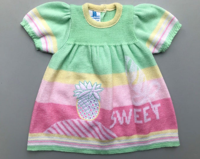 Pastel Baby Girl Dress Vintage 36 Months Knit Pink Green Yellow 1980s