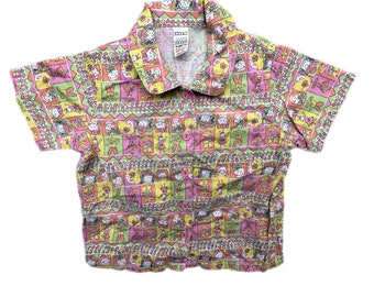 Camicia vintage estiva da bambina 18-24 mesi rosa con bottoni verdi anni '80