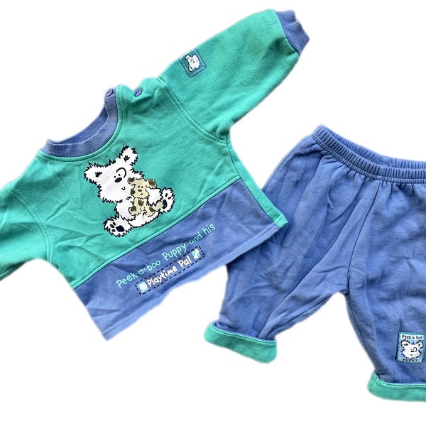 Vintage colour block tracksuit baby boy 6-9 months 9-12 dog green blue pastel