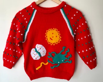 Vintage bright knit sweater boy girl 5-6 years red jumper kids 1990s retro