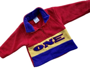 sweat-shirt vintage pour bébés, blocs de couleurs, 3-6 mois, rouge bleu, années 1990, fille garçon