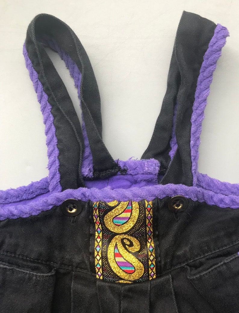 Vintage black purple gold glitter 1990s overalls 3-6 months baby girl purple bright retro dungarees image 2