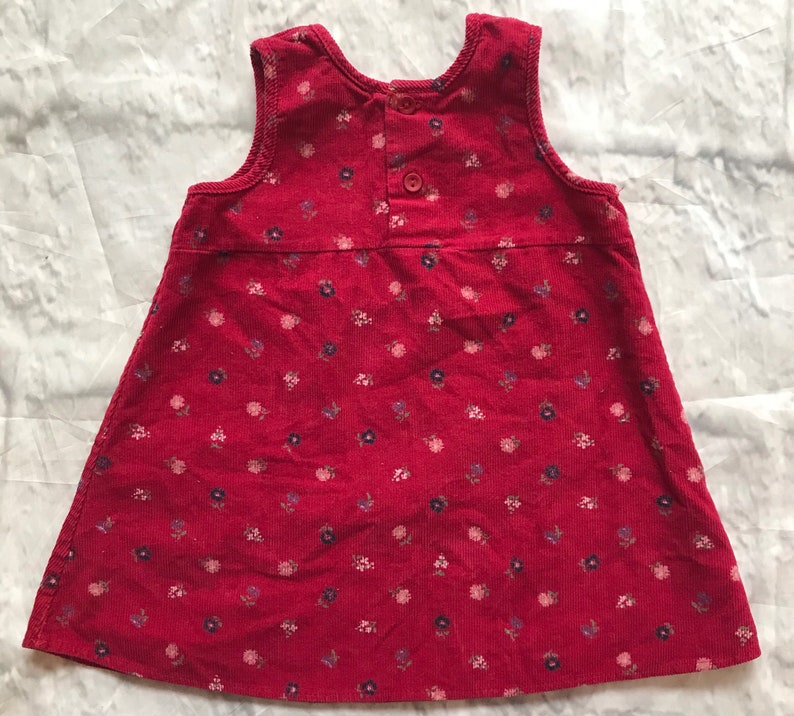 Vintage floral corduroy jumper dress dark red baby girl 6-9 9-12 months 1990s retro